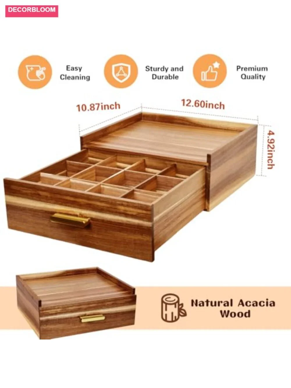 Acacia Wood Tea Bag Organizer with 12 Compartments Drawer